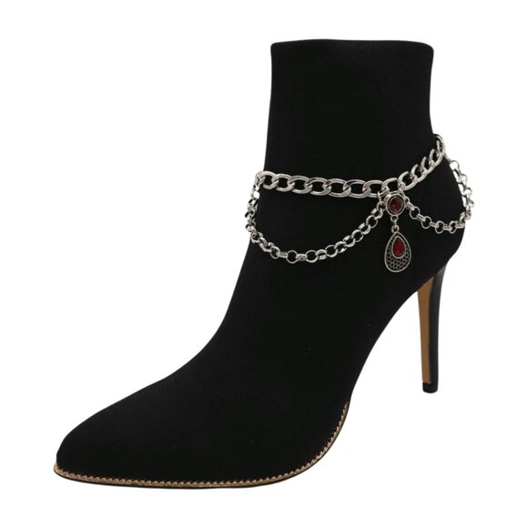 Women Silver Metal Boot Chain Bracelet Shoe Anklet Ethnic Drop Charm Red 2PCS - Picture 7 of 17